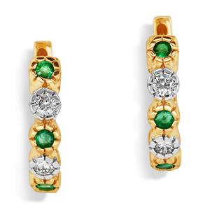 9ct Yellow Gold Emerald & Diamond Huggie Earrings TDW .08ct HI/I1