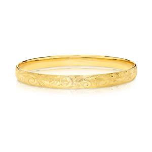 <p>Hand engraved bangle. 9ct approx. weight 18.4gm, 65mm diameter</p>