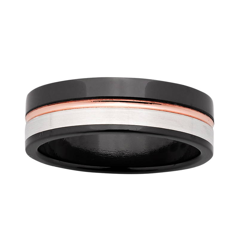 7mm Blended Metal ZiRO Ring. Featured: Black Zirconium, Silver, and Rose Gold