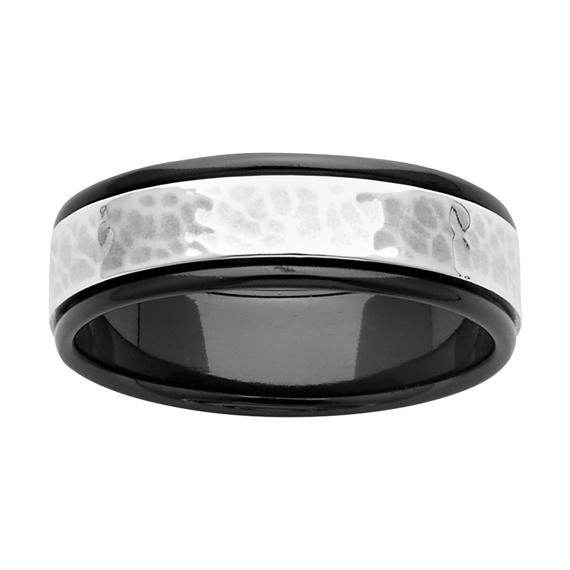 7mm Black Zirconium and Hammered Sterling Silver Ring