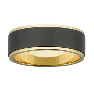 8mm wide polished Yellow Gold band with raised, and sanded, Black Zirconium centre.