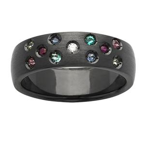 <p>6mm black zirconium ring with Diamond, Biron Emerald, Rhodolite Garnet, Peridot, Ruby,  Sapphire</p>