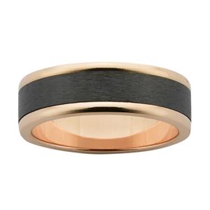 7mm wide Rose Gold band with polished edges, and Black Zirconium centre with sanded finish.