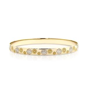 <p>Solid Bangle, half round profile. Machine Engraved Floral Pattern with Rhodium Plated Flowers.</p>