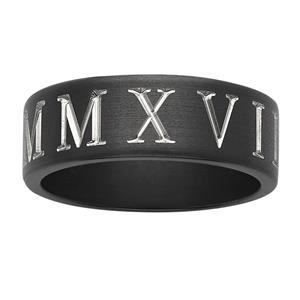 <p>8mm black zirconium, 2017 Roman numerals ring. Engraved: MMXVII</p>