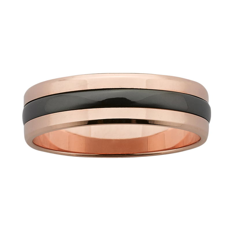 6mm wide polished Rose Gold band with Black Zirconium centre.