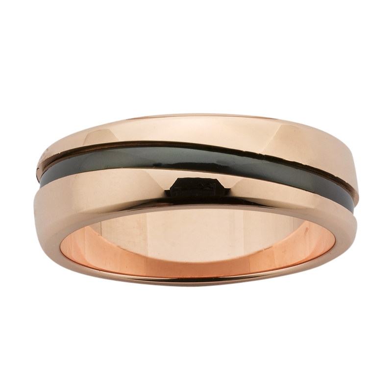 7mm wide polished Rose Gold band with diagonal Black Zirconium inlay.