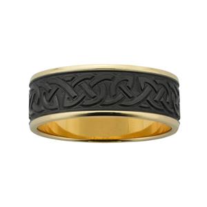 8mm wide machine engraved Celtic band, with polished yellow gold base and brushed Black Zirconium centre.