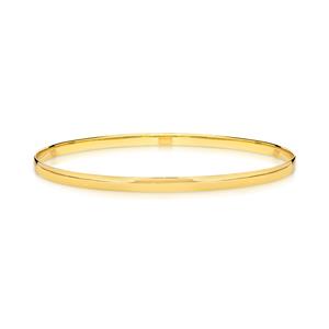 <p>Solid oval bangle, half round profile.  9ct approx weight 7.7gms, 67 x 57mm diameter</p>