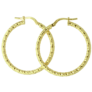 <p>9ct yellow gold Silver Filled Faceted Hoop Earrings</p>
<p>Measures 25mm across by 2mm wide</p>