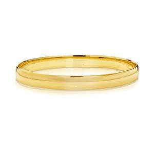 <p>Solid oval bangle, half round profile. 9ct approx weight 23gms, 67 x 57mm diameter</p>