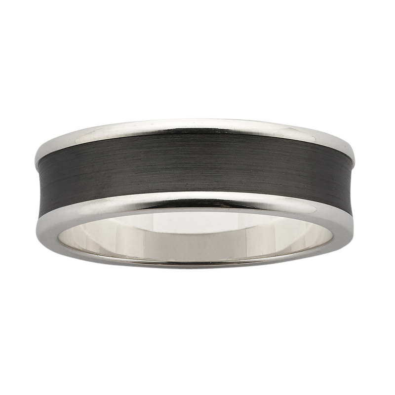 7mm wide concave band, with polished Sterling Silver base and sanded Black Zirconium centre.