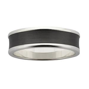 7mm wide concave band, with polished Sterling Silver base and sanded Black Zirconium centre.