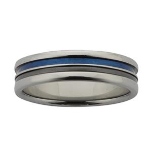 6mm wide Titanium band with blue groove, and Black Zirconium inlay with polished finish.